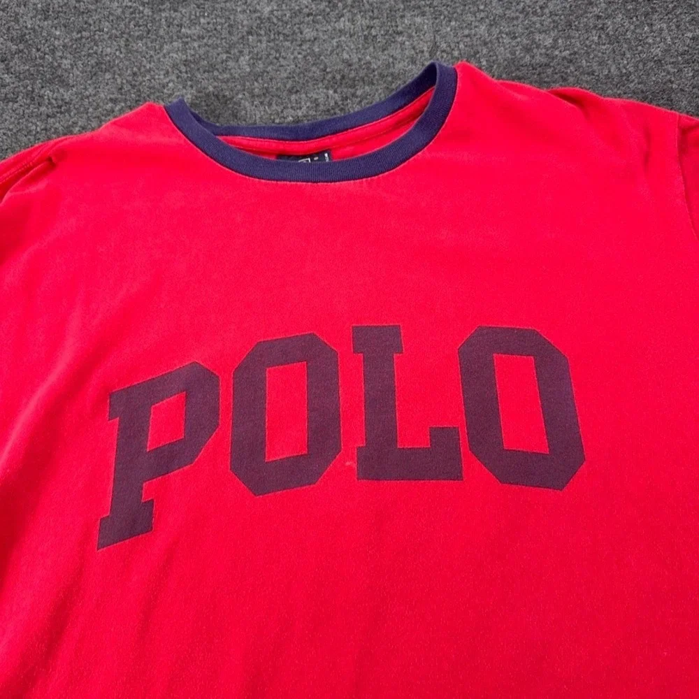 Polo Ralph Lauren Mens Red Long Sleeve Graphic T-Shirt Navy Blue Logo Size L*